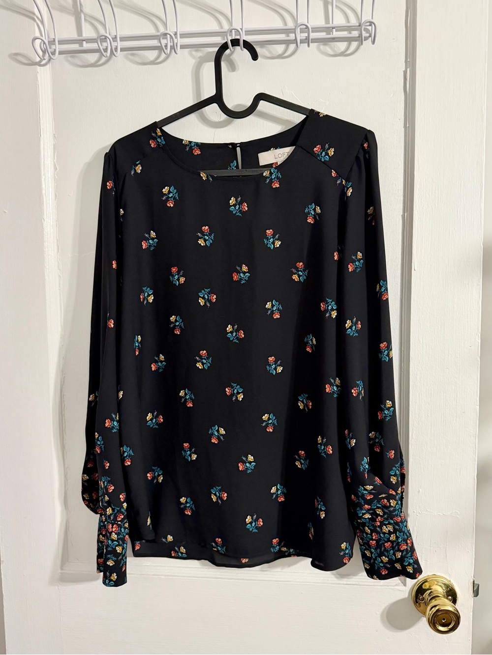 LOFT Black Floral Long-Sleeve Blouse with Accents